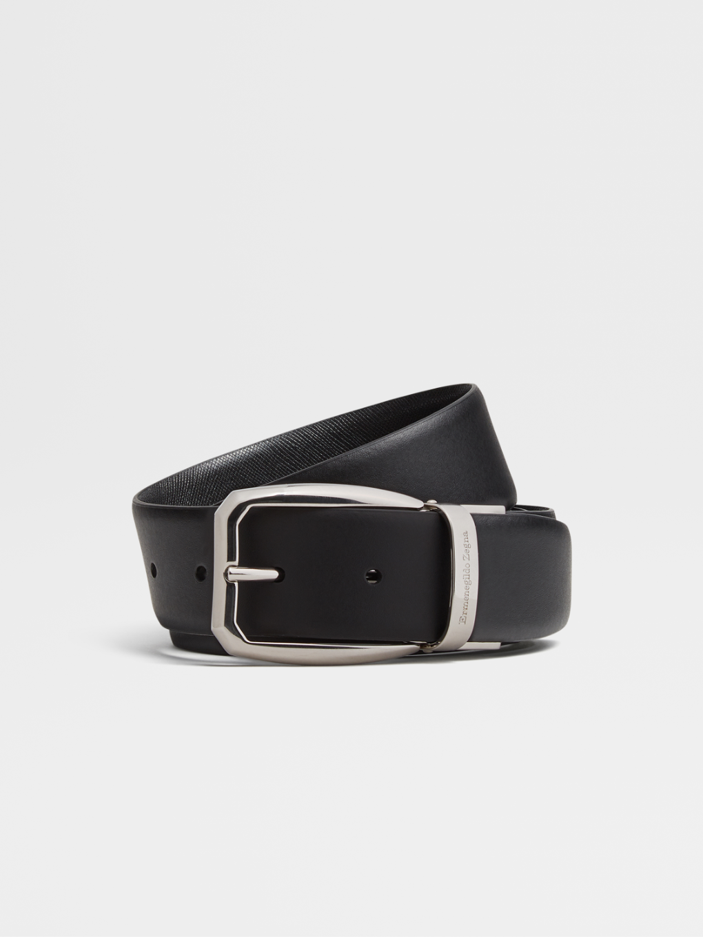 Black Smooth Leather and Black Embossed Leather Reversible Belt 